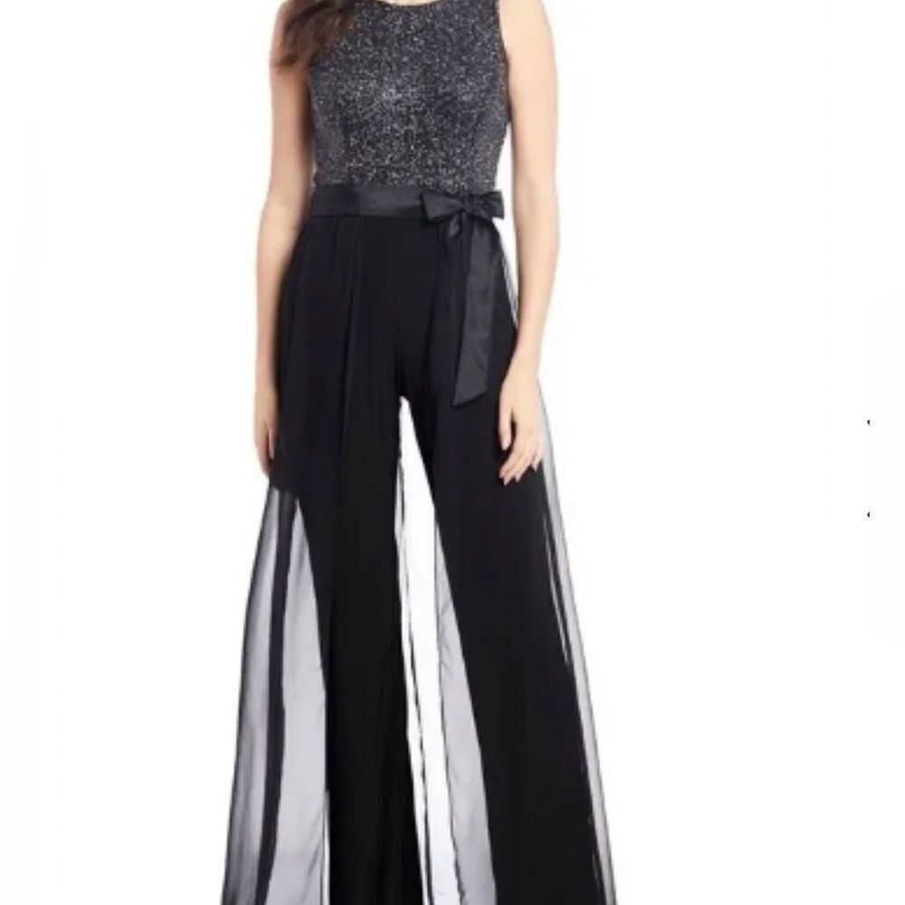 Leslie Fay Metallic Bodice Carwash Jumpsuit with Long Sheer Overlay Black 6 Used